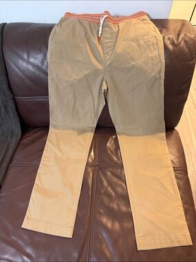 Khaki Drawstring Waist Casual Pants with Orange Stripe